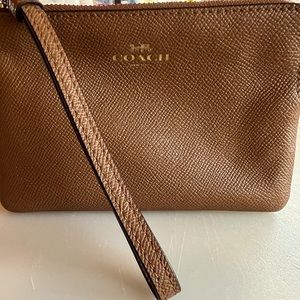 Coach Brown Leather Zippered Pouch with Wristlet Stamped Coach Logo on Front